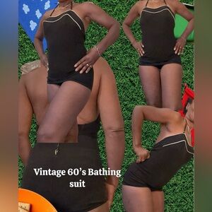 60’s 70’s Black bathing suit with white strip pointy chest zip back